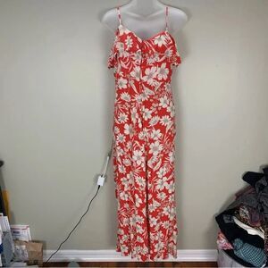 Floral Red Cream Button front ruffle Detail Long Dress with Slit Medium Boho